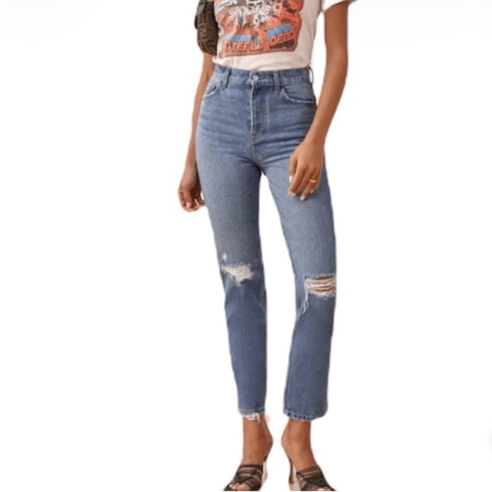 Reformation High-Rise Cynthia Distressed Light Blue Jeans